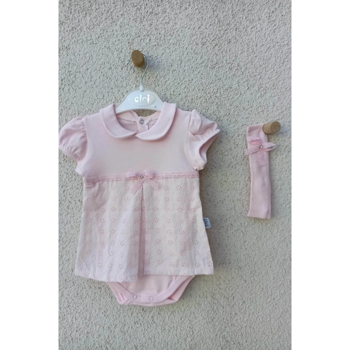 Bebek Yakalı Çiçek Işlemeli Bandanalı Badi 3-6-9 Ay