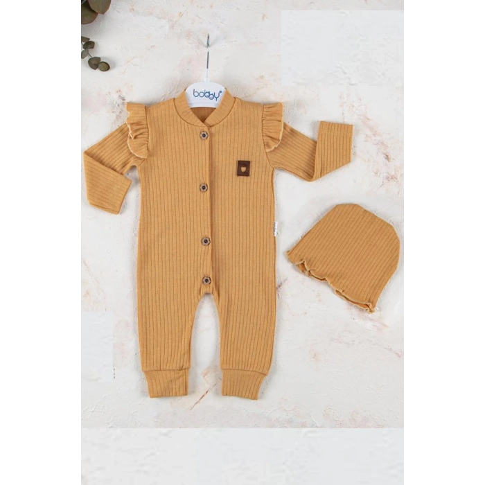 Boydan Düğmeli Şapkalı % 100 Pamuk Kız Bebek Tulumu