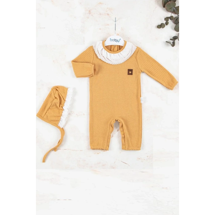 Brode Nakışlı Şapkalı % 100 Pamuk Kız Bebek Tulumu