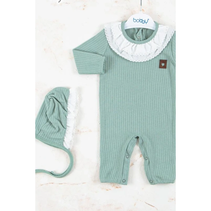 Brode Nakışlı Şapkalı % 100 Pamuk Kız Bebek Tulumu