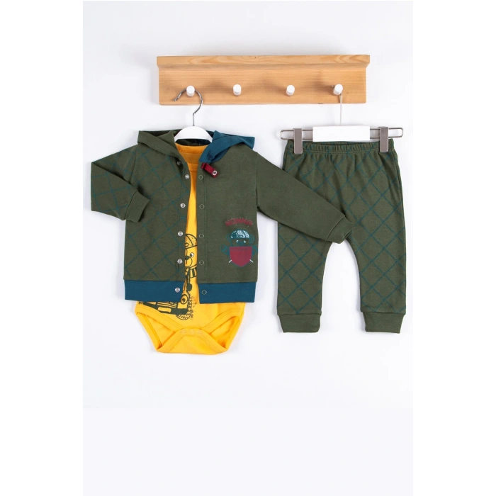 Cep Desenli Kapişonlu % 100 Pamuk Hırkalı 3lü Erkek Takım