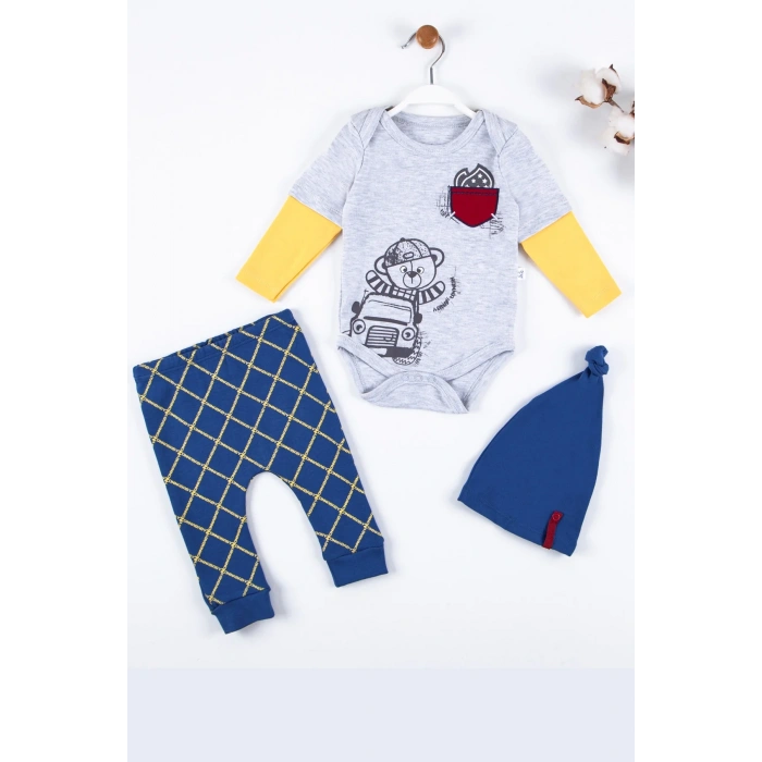 Cep Nakışlı Bear Desenli 3lü % 100 Pamuklu Erkek Takım