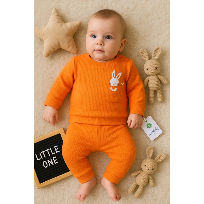 Cepli Tavşan Nakışlı % 100 Pamuk 2li Kız Bebek Takımı
