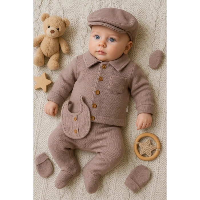 Cepli Waffle % 100 Pamuk 5li Erkek Bebek Hastane Çıkış Seti