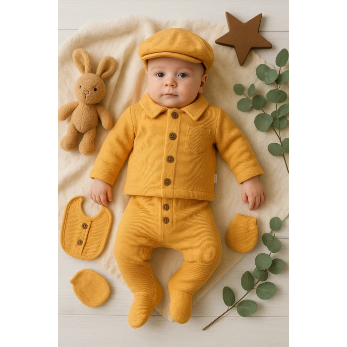 Cepli Waffle % 100 Pamuk 5li Erkek Bebek Hastane Çıkış Seti