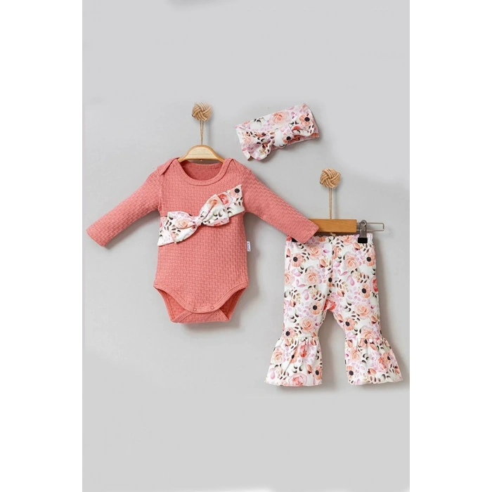 Çiçek Desenli Fiyonklu 3lü Kız Bebek Takım