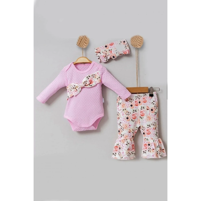 Çiçek Desenli Fiyonklu 3lü Kız Bebek Takım