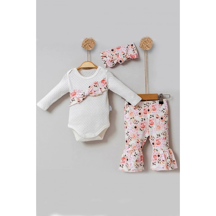 Çiçek Desenli Fiyonklu 3lü Kız Bebek Takım