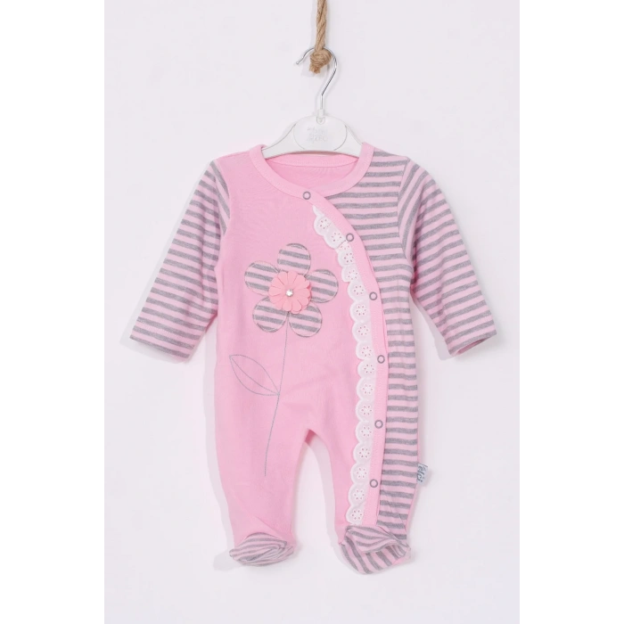 Çiçek Nakışlı % 100 Pamuk Ayaklı Kız Bebek Tulumu