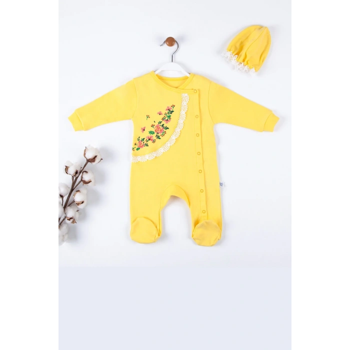 Çiçek Nakışlı Şapkalı % 100 Pamuk Kız Bebek Tulumu