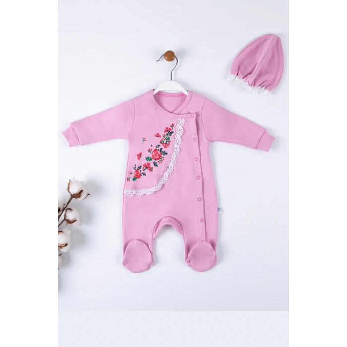 Çiçek Nakışlı Şapkalı % 100 Pamuk Kız Bebek Tulumu