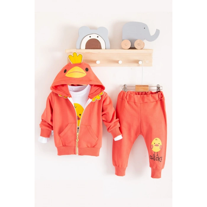 Civciv Desenli Kapişonlu 3lü Erkek Bebek Takımı