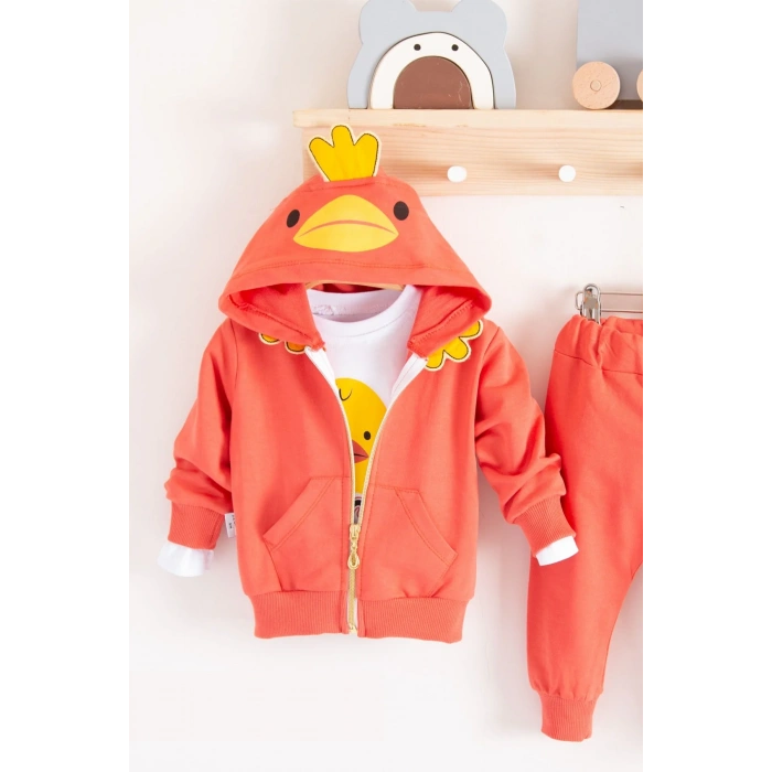 Civciv Desenli Kapişonlu 3lü Erkek Bebek Takımı