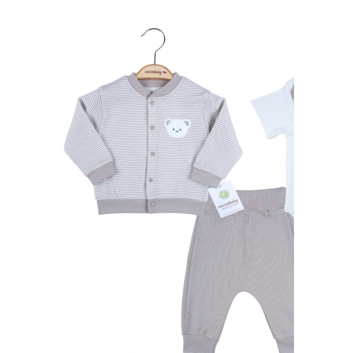 Çizgili Bear Hırkalı % 100 Pamuk Erkek Bebek Takım