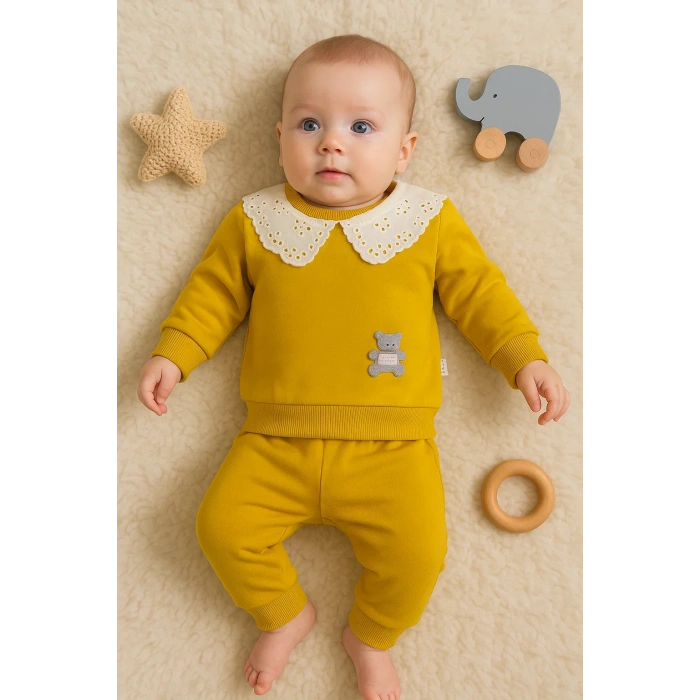 Dantel Yakalı Pamuklu 2li Kız Bebek Takımı