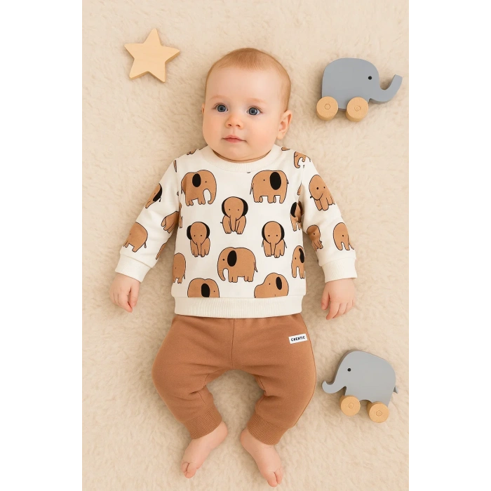 Fil Desenli 2li % 100 Pamuk Erkek Bebek Takımı