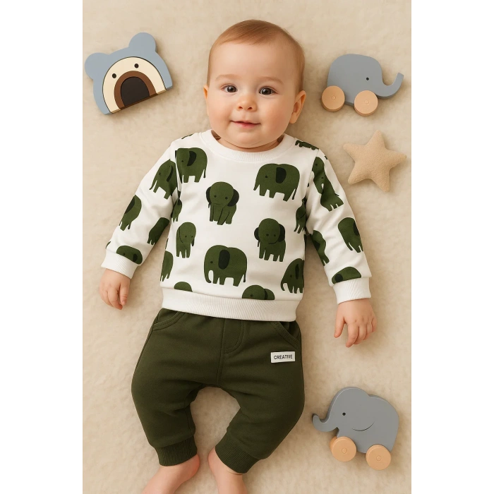 Fil Desenli 2li % 100 Pamuk Erkek Bebek Takımı