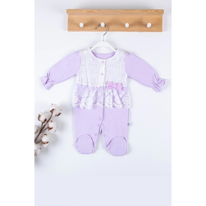 Gofralı Fransız Güpürlü % 100 Pamuk Kız Bebek Tulumu