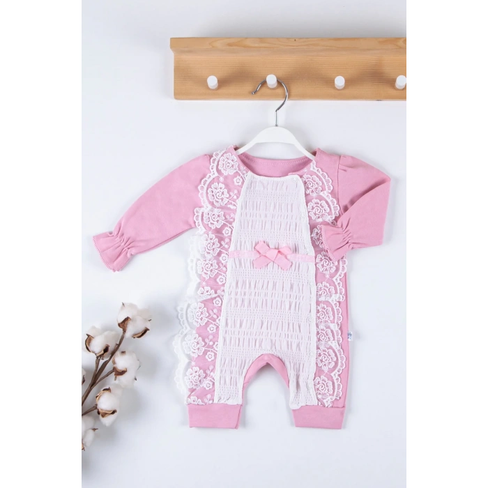 Gofralı Fransız Güpürlü % 100 Pamuk Kız Bebek Tulumu