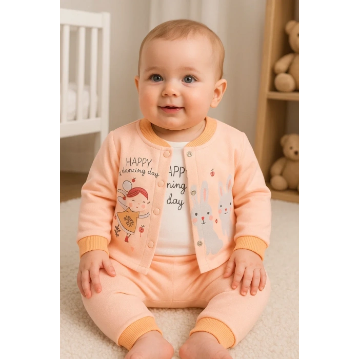 Happy Dancing Desenli 3lü Hırkalı Kız Bebek Takım