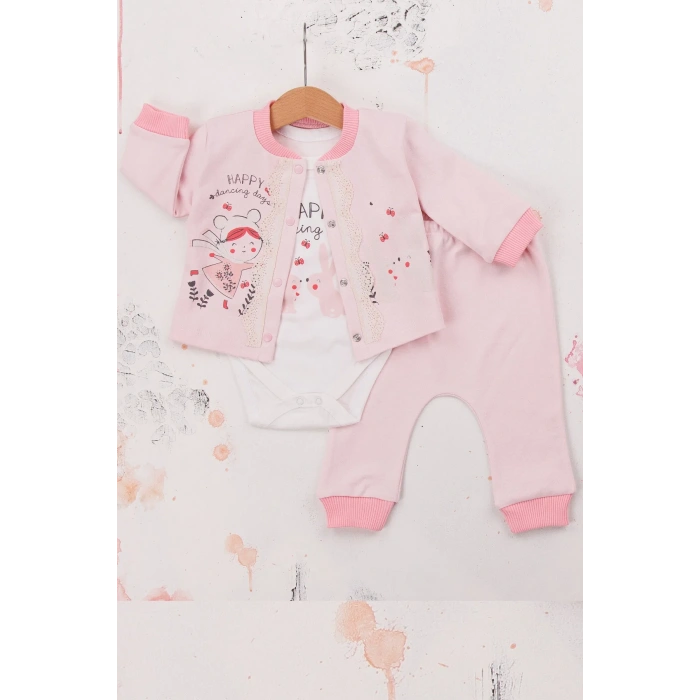 Happy Dancing Desenli 3lü Hırkalı Kız Bebek Takım