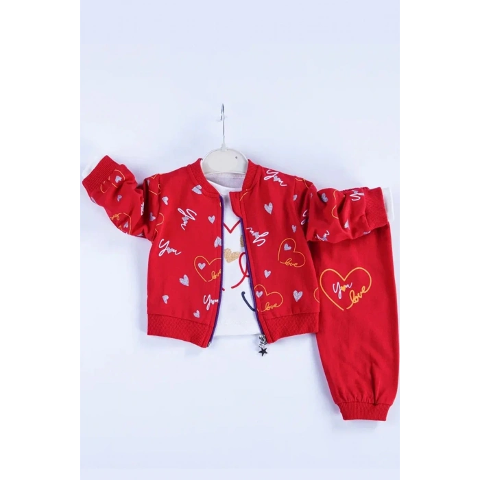 Kalp Desenli Hırkalı Pamuklu 3lü Kız Bebek Takımı