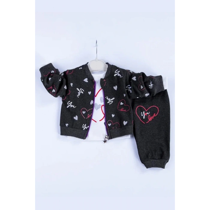 Kalp Desenli Hırkalı Pamuklu 3lü Kız Bebek Takımı