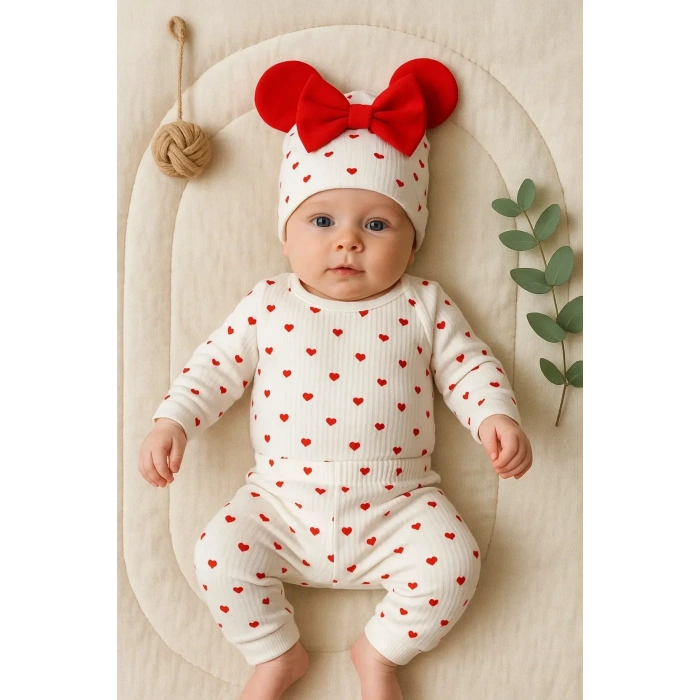 Kalp Desenli Şapkalı 3lü Kız Bebek Takımı