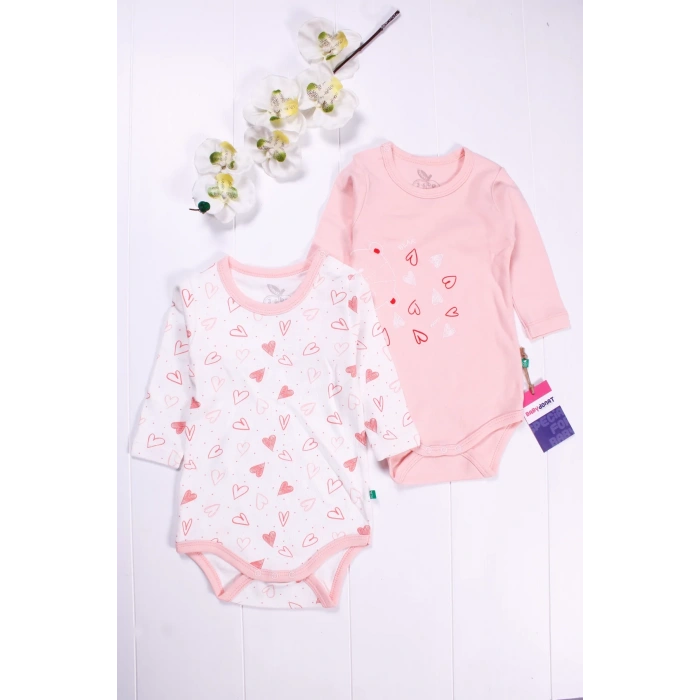 Kalp Desenli Uzun Kol 2li Kız Bebek Body Seti