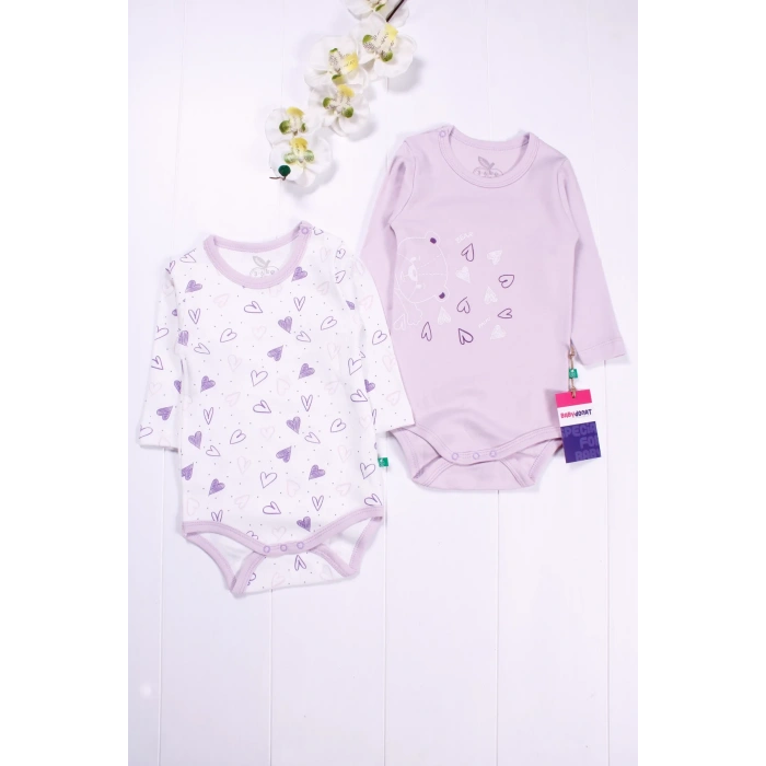 Kalp Desenli Uzun Kol 2li Kız Bebek Body Seti
