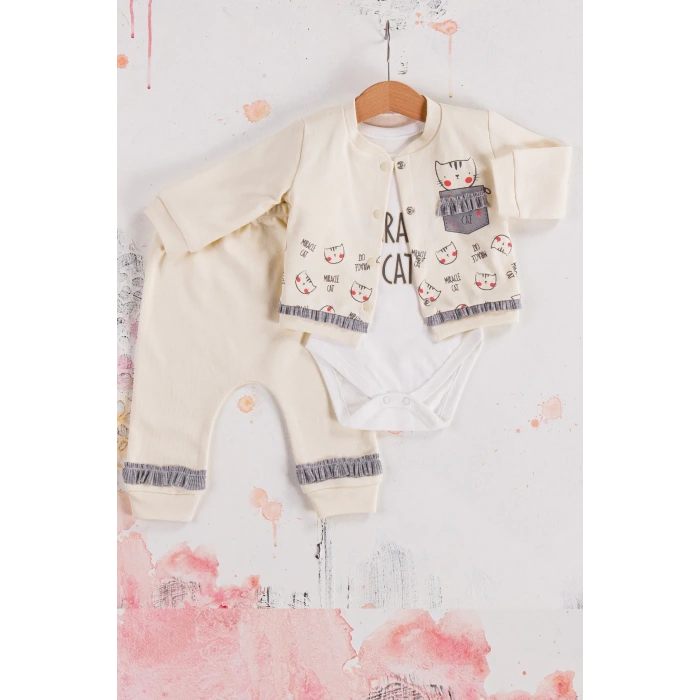Kedi Desenli 3lü Hırkalı Kız Bebek Takım
