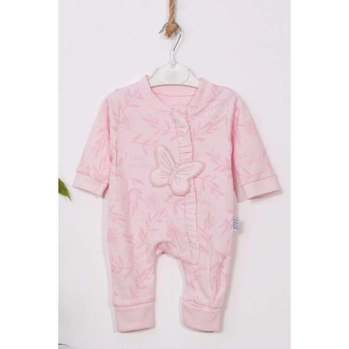 Kelebek Nakışlı % 100 Pamuk Ayaklı Kız Bebek Tulumu
