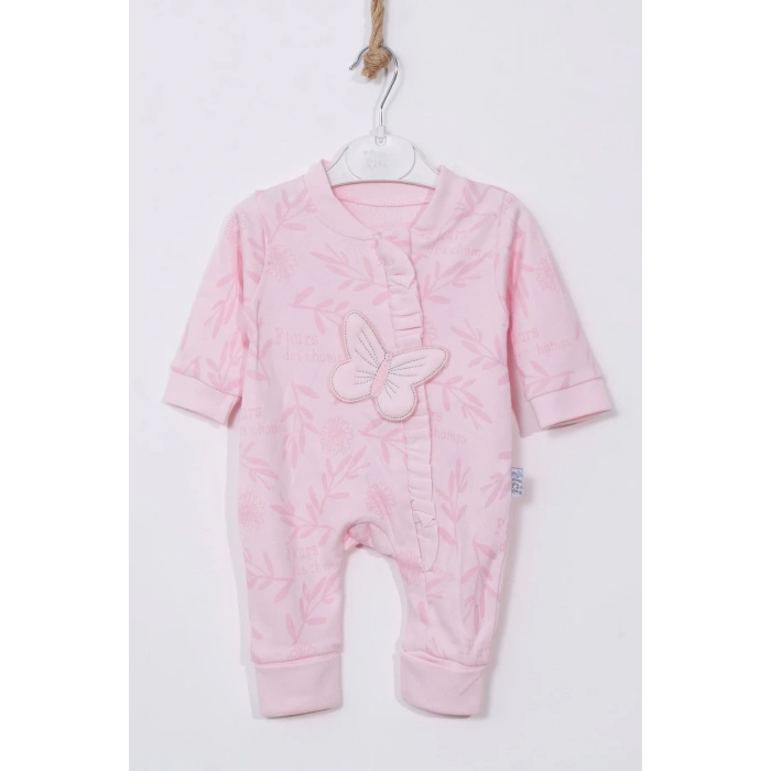 Kelebek Nakışlı % 100 Pamuk Ayaklı Kız Bebek Tulumu