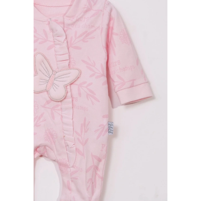 Kelebek Nakışlı % 100 Pamuk Ayaklı Kız Bebek Tulumu