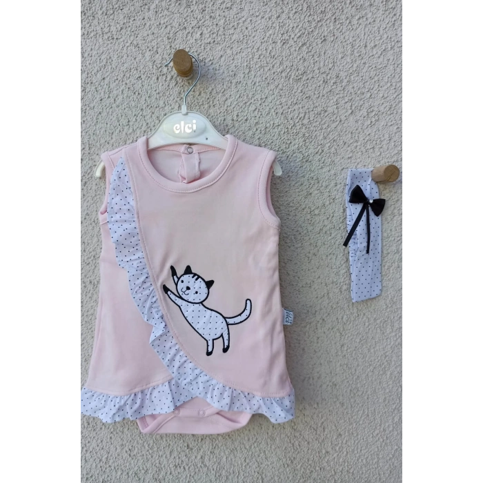 Kız Bebek Pembe Kedili Fırfırlı Bandanalı Badi