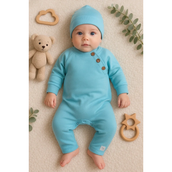 Kollu Düğme Detaylı Unısex Bebek Tulumu