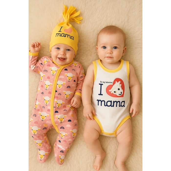 Kuzu Figürlü Şapkalı 3lü Bebek Takımı