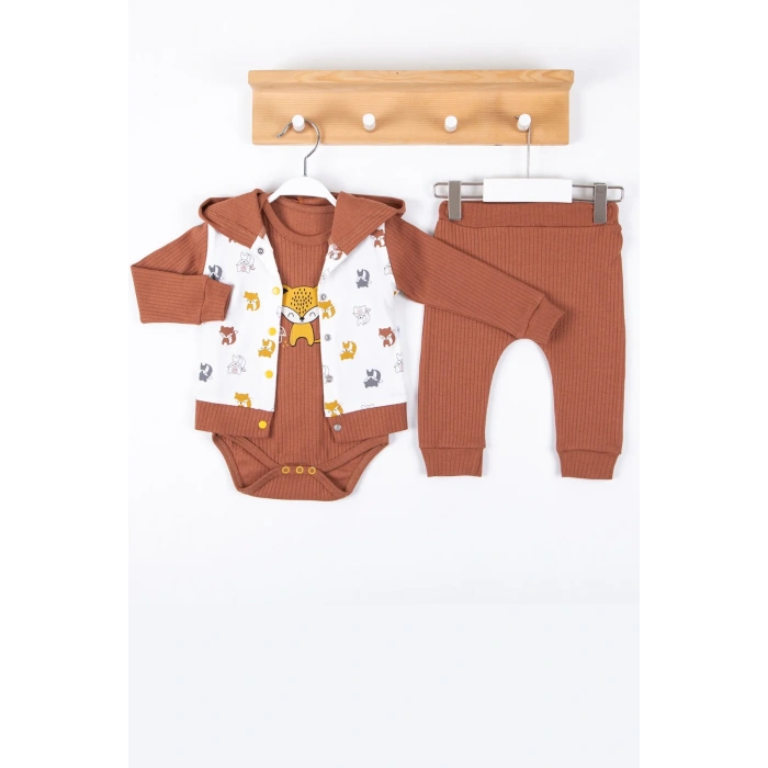 Littie Nakışlı % 100 Pamuk Hırkalı 3lü Erkek Takım