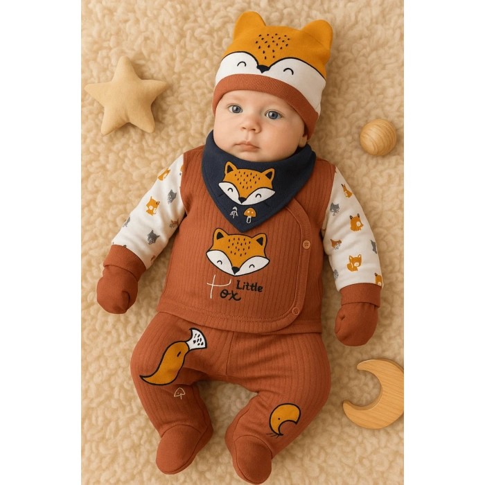 Little Fox Nakışlı 5li % 100 Pamuk Erkek Bebek Hastane Çıkış Seti