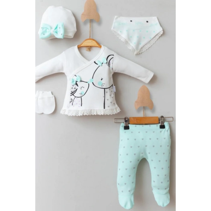 Little Mause Desenli % 100 Pamuk 5li Kız Bebek Hastane Çıkış Seti