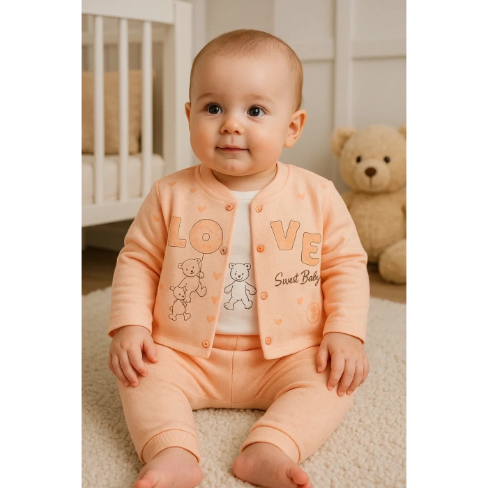 Love Tavşan Desenli Kol Detaylı 3lü Hırkalı Kız Bebek Takım