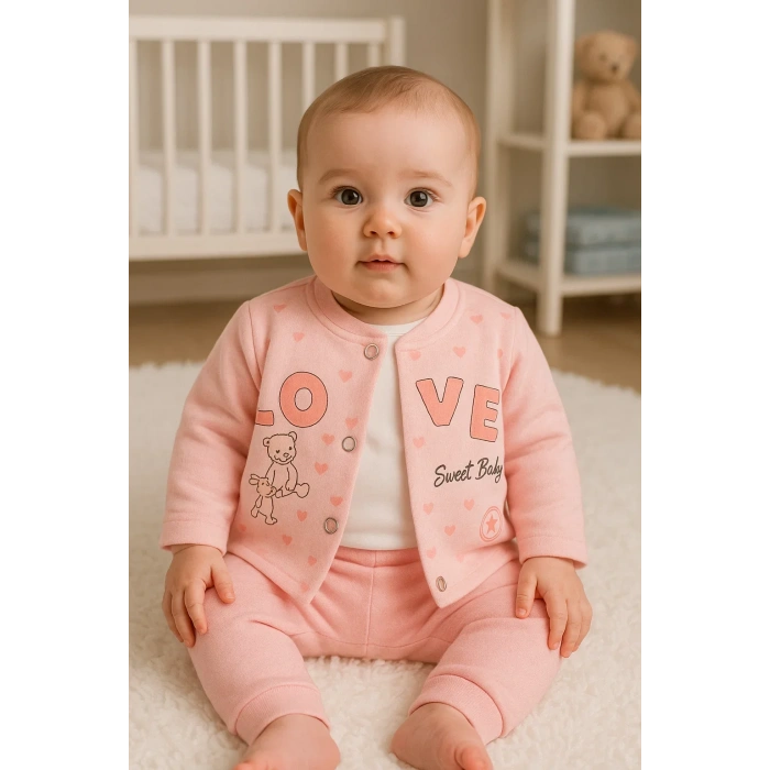 Love Tavşan Desenli Kol Detaylı 3lü Hırkalı Kız Bebek Takım