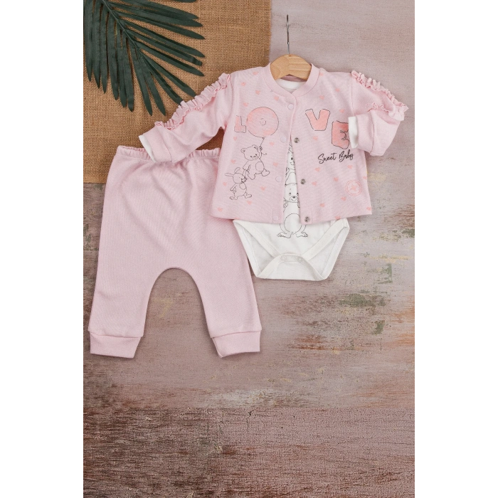 Love Tavşan Desenli Kol Detaylı 3lü Hırkalı Kız Bebek Takım