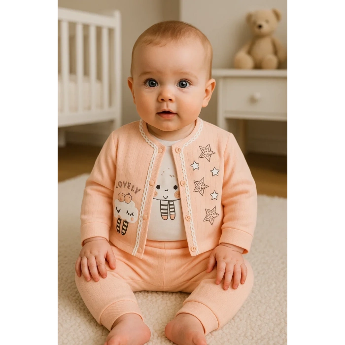 Lovely Yıldız Desenli 3lü Hırkalı Kız Bebek Takım