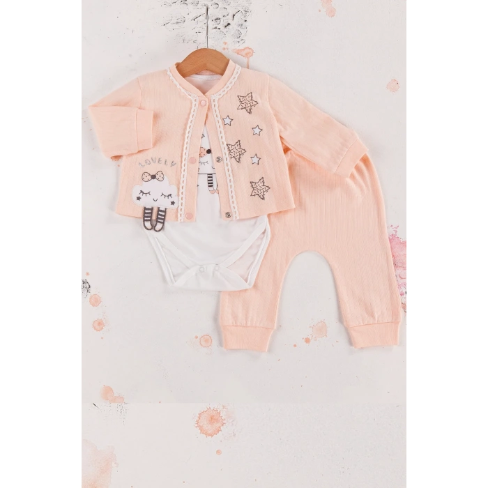 Lovely Yıldız Desenli 3lü Hırkalı Kız Bebek Takım