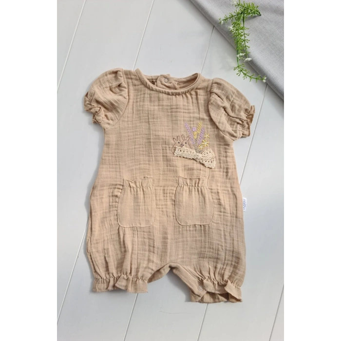 Müslin Kumaş Çiçek Nakışlı Pamuklu Kız Bebek Tulum