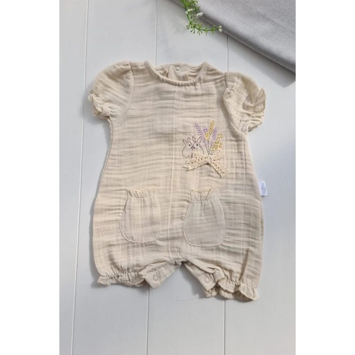 Müslin Kumaş Çiçek Nakışlı Pamuklu Kız Bebek Tulum