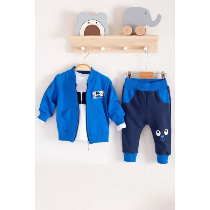 New Fashıon Hırkalı 3lü % 100 Pamuk Erkek Bebek Takımı