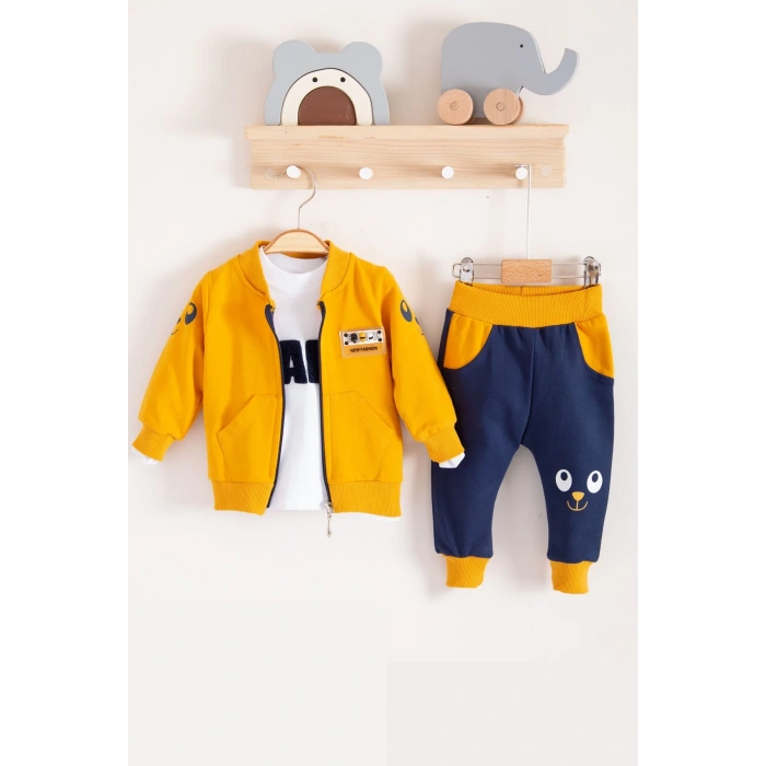 New Fashıon Hırkalı 3lü % 100 Pamuk Erkek Bebek Takımı