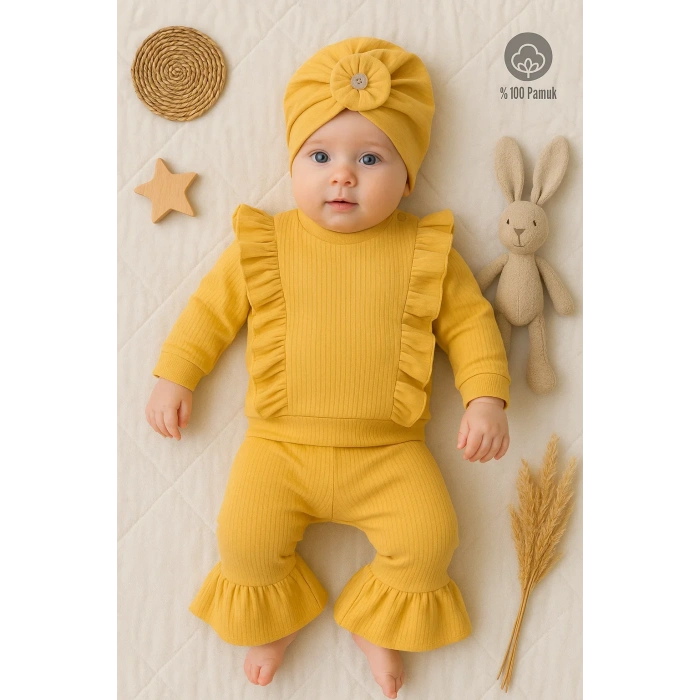 Omuzdan Fırfır Detaylı Boneli 3lü % 100 Pamuklu Kız Bebek Takımı